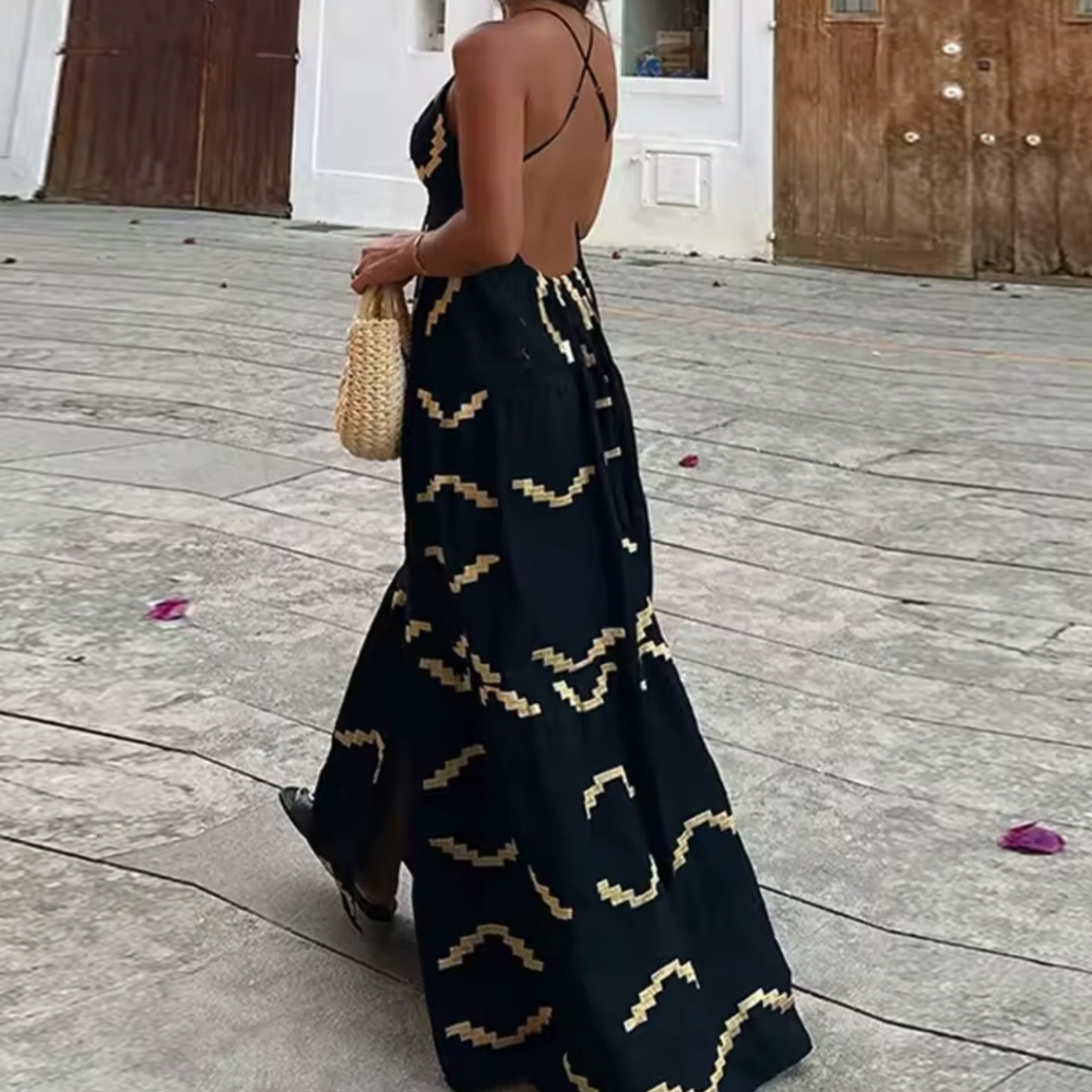 Sexy Printed Women's Dress Elegant V-neck ContractBackless Sleeveless Split Fem - Picture 5 of 5